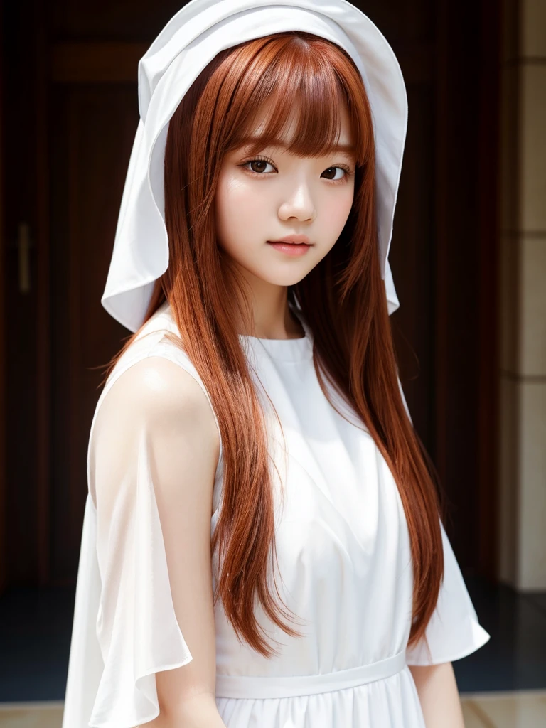 woman with long soft reddish hair and a white dress posing for a photo, pelo largo y soft reddish bangs, white hime cut hairstyle, the hime cut, long hair with full bangs, soft reddish bangs, wonyoung, clean hair with bangs, with long soft reddish hair, straight soft reddish hair, retrato de la hermosa wonyoung. Beautiful woman with soft reddish hair and nun's veil, beautiful woman in nun costume, hermosa monja wonyoung con pelo rojizo suave, clear face, beautiful soft redhead woman