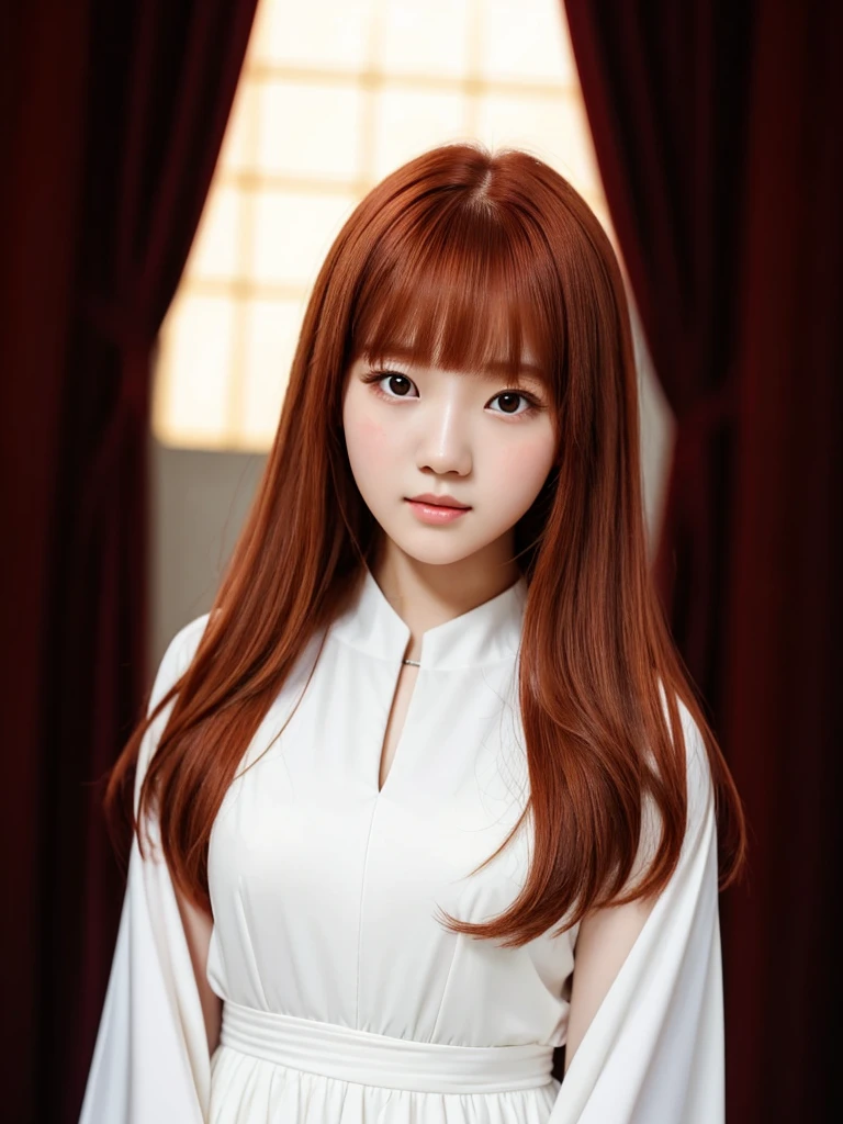 woman with long soft reddish hair and a white dress posing for a photo, pelo largo y soft reddish bangs, white hime cut hairstyle, the hime cut, long hair with full bangs, soft reddish bangs, wonyoung, clean hair with bangs, with long soft reddish hair, straight soft reddish hair, retrato de la hermosa wonyoung. Beautiful woman with soft reddish hair and nun's veil, beautiful woman in nun costume, hermosa monja wonyoung con pelo rojizo suave, clear face, beautiful soft redhead woman