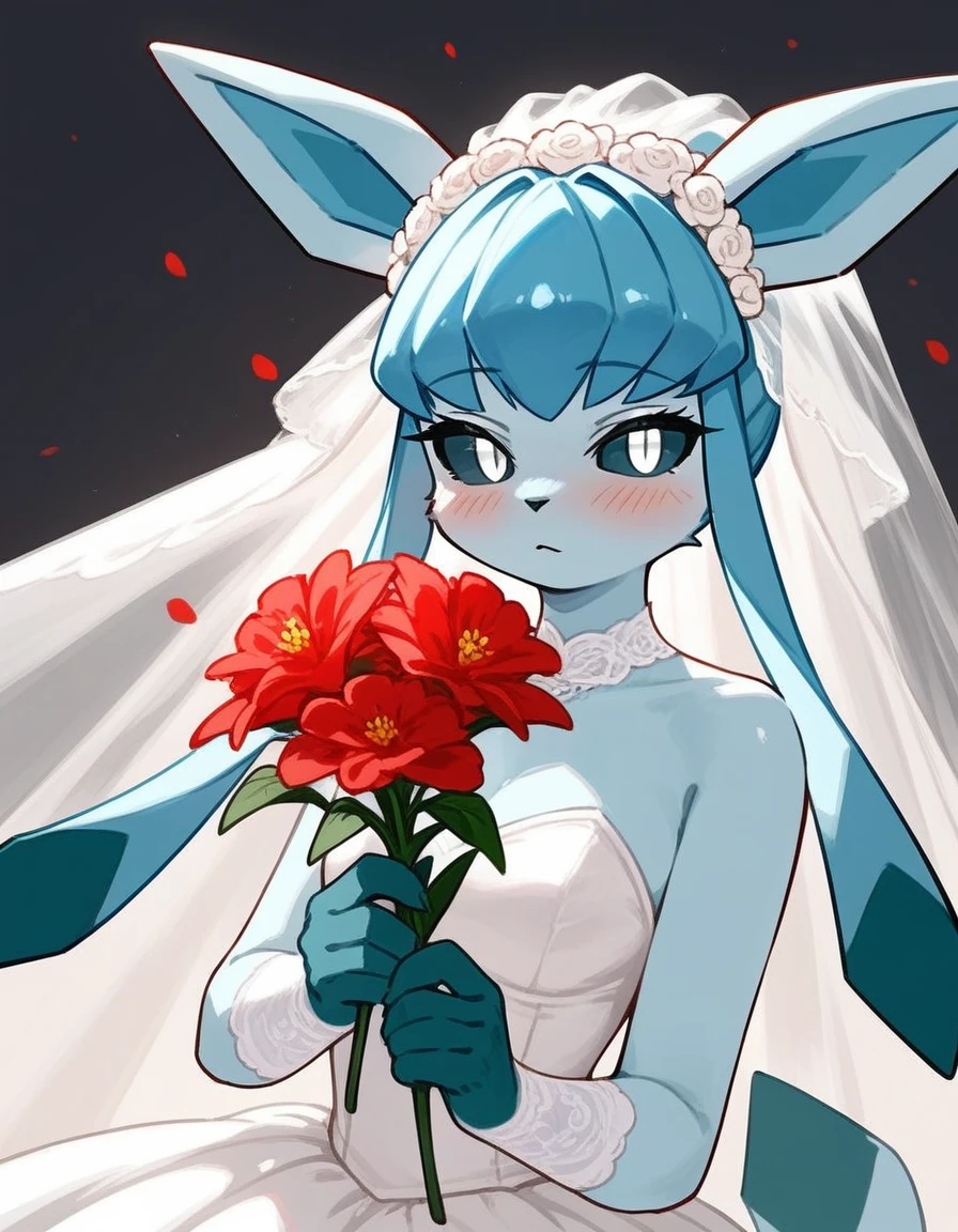alone, score_9,score_8_up,score_7_up, an anthro furry female glaceon girl, black sclera, white eyes, wearing wedding dress, holding flowers, blushing.