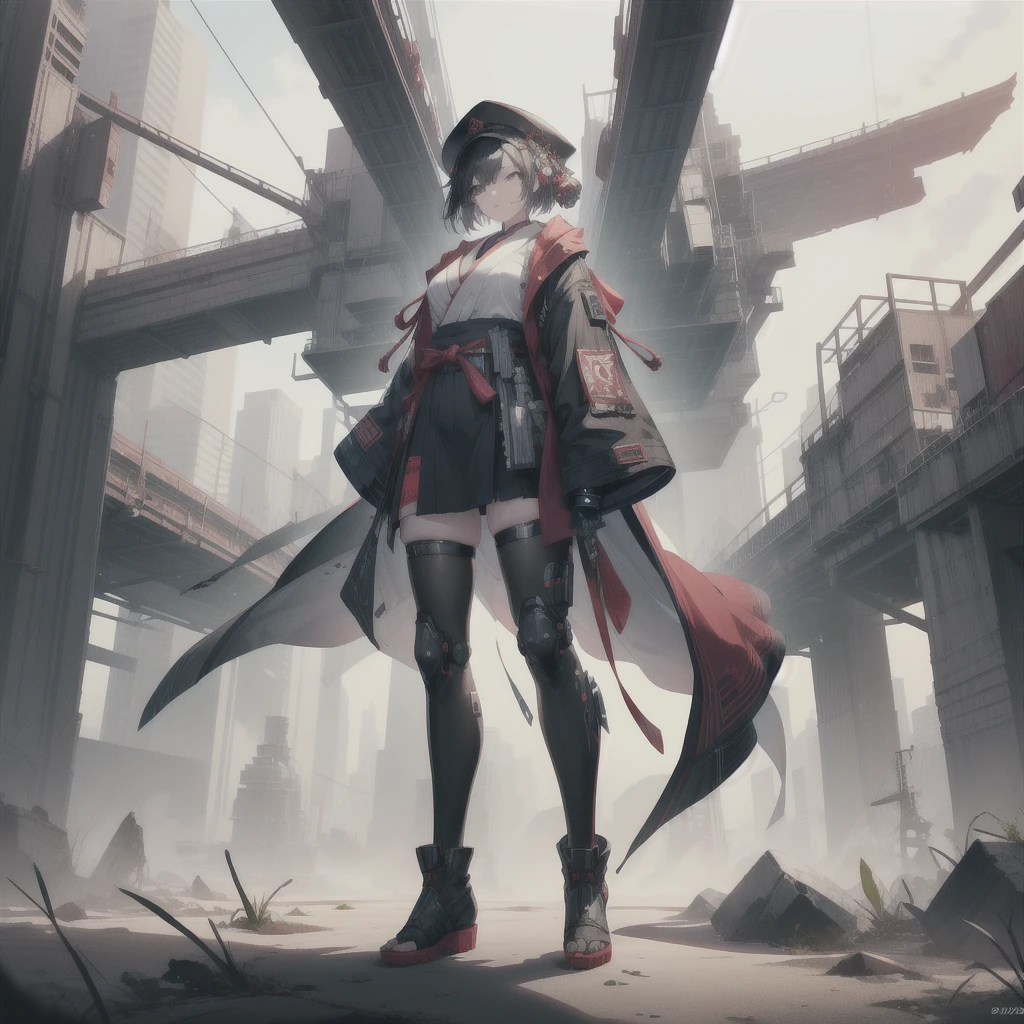 (masterpiece, Highest quality), (Perfect athletic body:1.2), (Detailed Hair), Very detailed, Anime Style, whole body, Cyberpunk Ninja Girl, Large scale, cyborg, Wearing an oiran coat and bamboo hat. Many arms and swords, Wasteland standings, Wear tech boots, 8K high resolution, Trend Art Station, White Background, Standing in the wasteland, whole body,