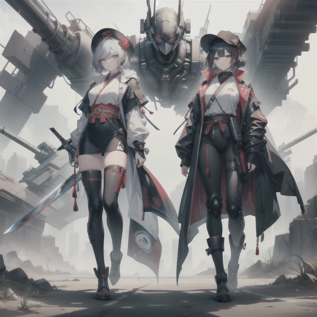(masterpiece, Highest quality), (Perfect athletic body:1.2), (Detailed Hair), Very detailed, Anime Style, whole body, Cyberpunk Ninja Girl, Large scale, cyborg, Wearing an oiran coat and bamboo hat. Many arms and swords, Wasteland standings, Wear tech boots, 8K high resolution, Trend Art Station, White Background, Standing in the wasteland, whole body,