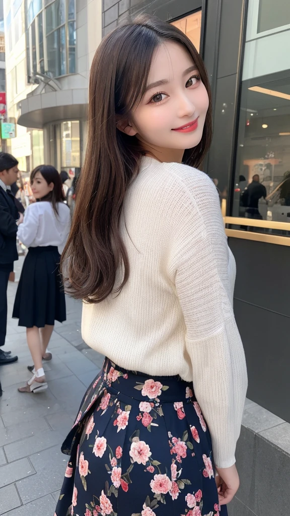 Highest quality, Very detailed, finely, High resolution, 8k wallpaper, Perfect dynamic composition, Beautiful and exquisite,ランダムなcute髪,,Natural color lip, Bold sexy pose,smile、20-year-old girl、cute、Looking into the camera,,Perfect and beautiful face,Slim face and figure、Big eyes、Gal Makeup,Small face,Shooting from below、smile,,Elegant feminine face、Randomly change the shooting angle and position、smile、Top to bottom々Shoot from the right angle and direction、Sexy Face、Standing in the streets of Shibuya、Long sleeve collared shirt、Tight skirt with high waist、long skirt with floral pattern,