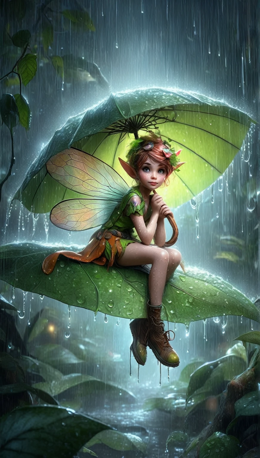 pixie girl on a leaf in the rain The agis man and the world of space adventure, photo realism, 8k resolution,