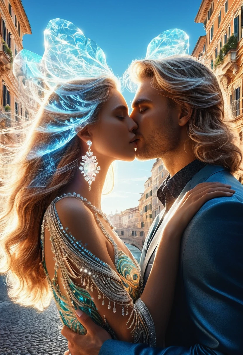 Romantic kissing man and woman, (Beautiful teenage caucasian couple in Rome_1 man with long hair and 1 woman with shiny diamond necklace and earrings), (Translucent glowing body_Upper body shot), Surreal, (Romantic_Detailed and accurate hand drawing, delicate features), Dynamic colors, Architectural street, Landscape, Clear sky, (Best quality, 8K, Surreal: 1.2), (Highly detailed, Realistic: 1.37), Bright background, Exquisite details, Amazing, Floating, Fluorescent, Glowing, Bioluminescent body, Glowing patterns.