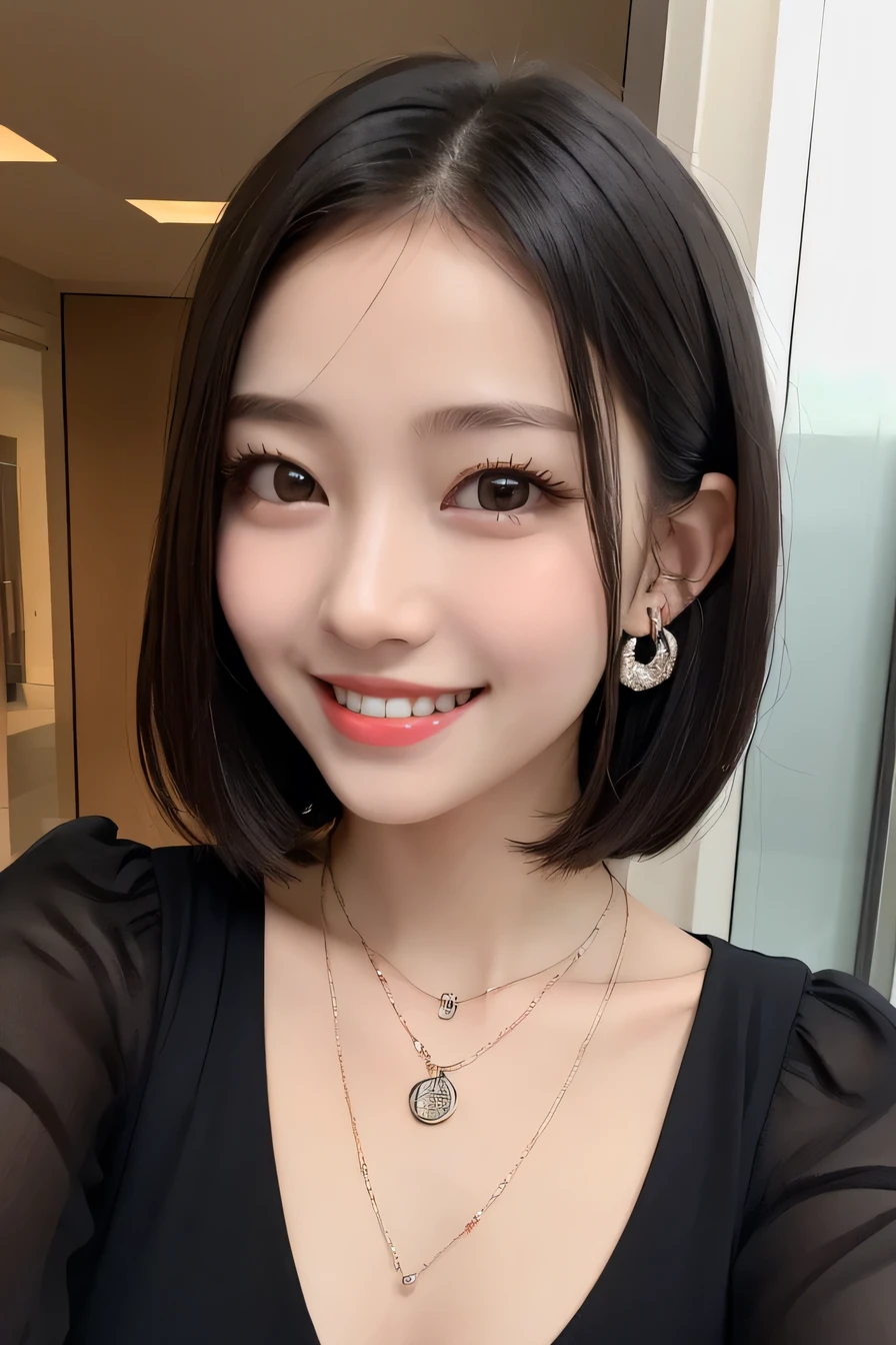 Highest quality, One Girl, (Beautiful girl, smile、Beautiful teeth alignment、Black Hair、、Short Haircut、Long sleeve blouse、ear piercing、necklace, , Face Focus、In the background is the entrance to the building