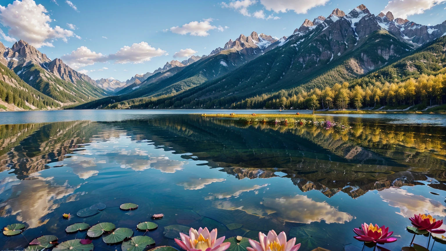 (create an ultra-high definition, hyper-realistic, highly detailed, high-quality image, sharp focus, professional lighting, vivid colors, warm tones and intricate details, representing in detail a beautiful valley on a sunny day, with lake high mountains in the background, water lilies and crystal clear water reflecting the clouds in the sky, colorful flowers, lively atmosphere and relaxed attitude, meticulously capturing every intricate detail),