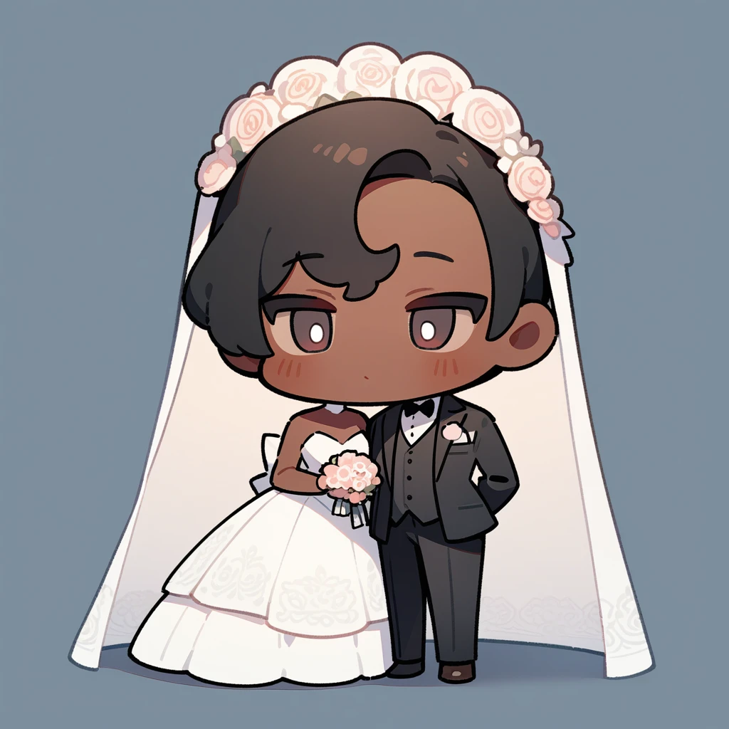 chibi style，Lovely，masterpiece, best quality, 8k, Couple（One man and one woman），man（Brown skin，Indian）Suit，woman（Black Hair，Fair）Wedding dress，Clean background