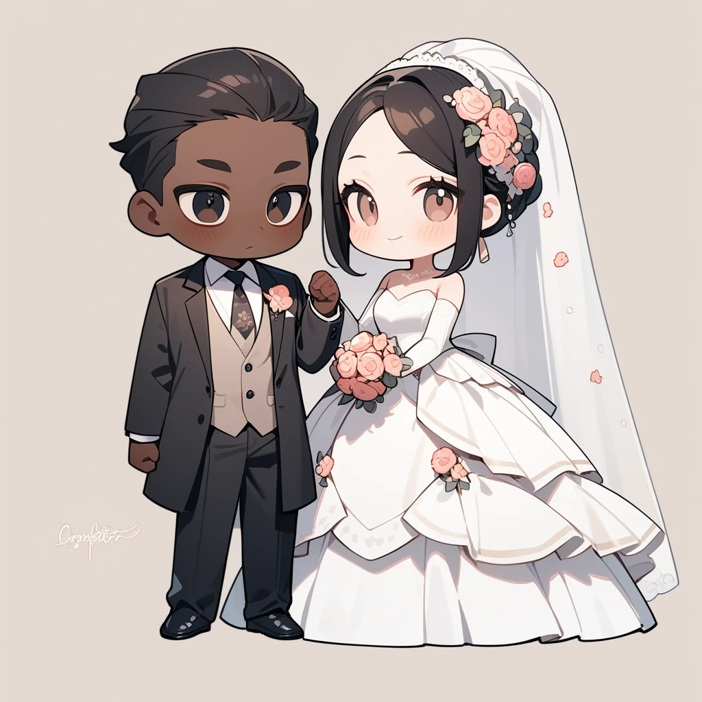 chibi style，Lovely，masterpiece, best quality, 8k, Couple（One man and one woman），man（Brown skin，Indian）Suit，woman（Black Hair，Fair）Wedding dress，Clean background