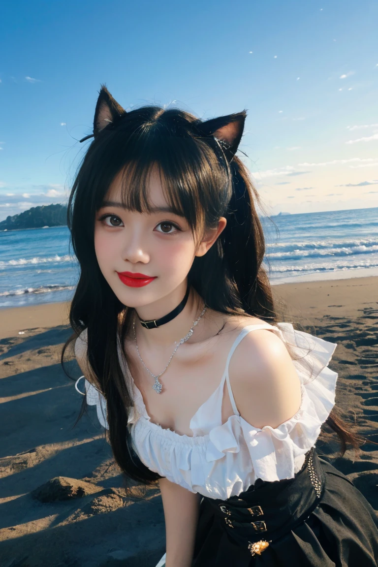 ulzzang-6500-v1.1,(raw photo:1.2),((photorealistic:1.30)), ((best quality)) ,((masterpiece)),((Ultra High Resolution)), ((Clear View)),,Ultra-high resolution,Clear face,(Reality:1.4) , illustration, an extremely delicate and beautiful, extremely detailed ,CG ,unity ,8k wallpaper, Amazing, finely detail, masterpiece,best quality,official art,extremely detailed CG unity 8k wallpaper,absurdres, incredibly absurdres, huge filesize, ultra-detailed, highres, extremely detailed,beautiful detailed girl, extremely detailed eyes and face, beautiful detailed eyes,light on face,cinematic lighting, 1girl, 独奏, bangs, long hair,twintails, hair ribbon, jirai kei attire, jirai kei, white dress,black thighhighs, high heels, jewelry, collarbone, earrings,smile, necklace, (standing), (medium breasts:1.3), (shagging breasts) Naughty, On the beach, Beach sand, waves, (Beach:1.5),basking under the sun, sharp baby face, cute, Small face, Small mouth, small lips, (Animal ears:1.3)