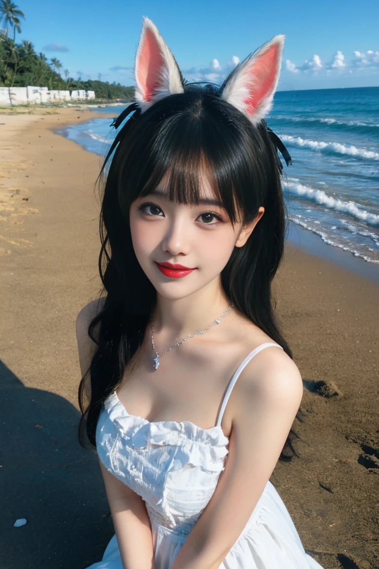 ulzzang-6500-v1.1,(raw photo:1.2),((photorealistic:1.30)), ((best quality)) ,((masterpiece)),((Ultra High Resolution)), ((Clear View)),,Ultra-high resolution,Clear face,(Reality:1.4) , illustration, an extremely delicate and beautiful, extremely detailed ,CG ,unity ,8k wallpaper, Amazing, finely detail, masterpiece,best quality,official art,extremely detailed CG unity 8k wallpaper,absurdres, incredibly absurdres, huge filesize, ultra-detailed, highres, extremely detailed,beautiful detailed girl, extremely detailed eyes and face, beautiful detailed eyes,light on face,cinematic lighting, 1girl, 独奏, bangs, long hair,twintails, hair ribbon, jirai kei attire, jirai kei, black thighhighs, high heels, jewelry, collarbone, earrings,smile, necklace, (standing), (big breasts:1.3), (shagging breasts) Naughty, (From the front:1.3), On the beach, Beach sand, waves, (Beach:1.5),basking under the sun, sharp , cute, Small face, Small mouth, small lips, (Animal ears:1.3)