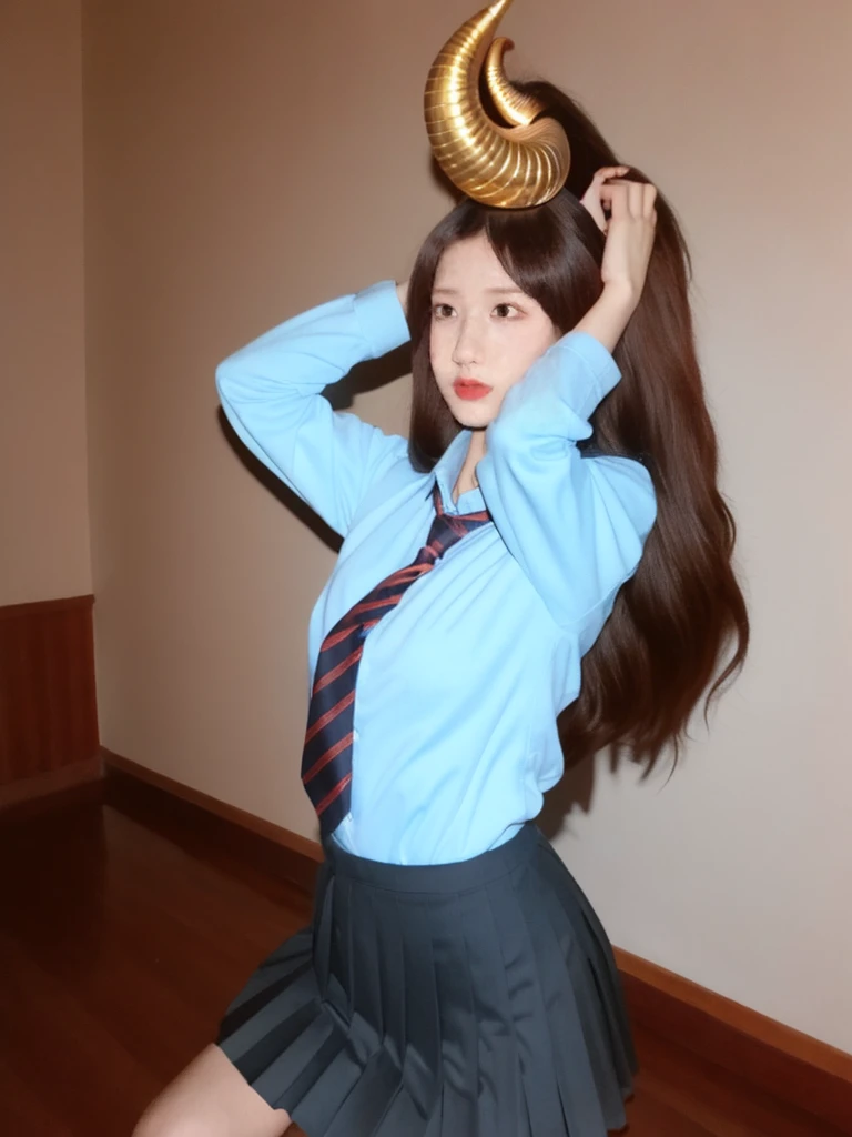 1female naga,realistic,horn on head,shirt,pleated skirt,school