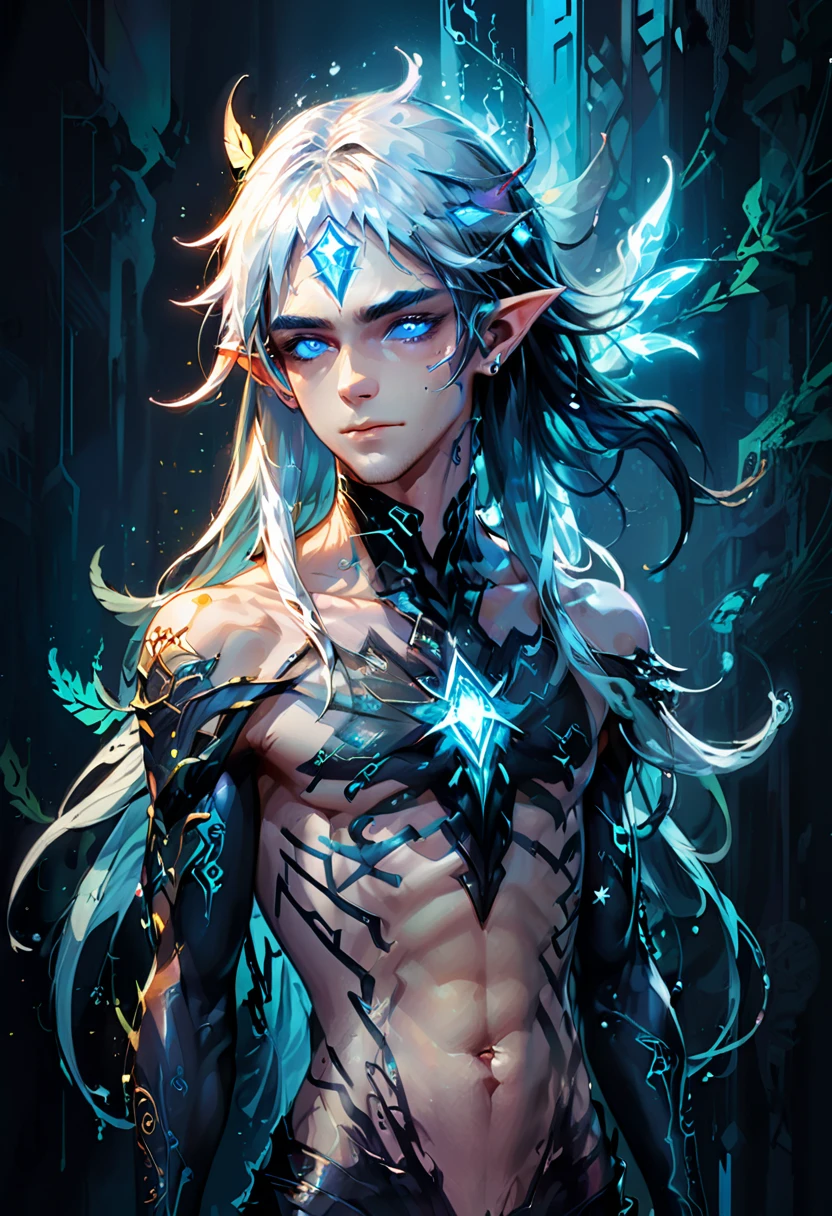 2 guys ethereal demonic 25 year old anime guy male druids, with metallic long hair, delicate masterpieceintimate delicate etched glowing neon tattoos, Fabulous full view painting of a winking beautiful and gorgeous elf ((male)) almostkissing, perfect face, blue/black pastel eyes, long white/black wisp hair, freckles, piercings and tattoo foil print neonbody art, laboratory experiment, perfect anatomy, centered, almost perfect, dynamic, very detailed, glowing, artstation, concept art, soft and sharp focus, art by Carne Griffiths and Wadim Kashin, airbrush graffiti techniques, high-definition accent lighting, epic, elven atmosphere, contrasted with vibrant paint colors., futuristic cyborg in the year 2950,