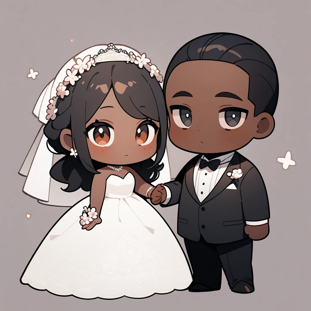 chibi style,Lovely,masterpiece, best quality, 8k, Couple(One man and one woman),man(Brown skin,Indian)Suit,woman(Black Hair,Fair)Wedding dress,Clean background