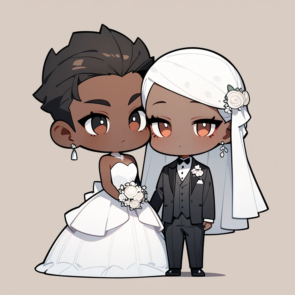 chibi style,Lovely,masterpiece, best quality, 8k, Couple(One man and one woman),man(Brown skin,Indian)Suit,woman(Black Hair,Fair)Wedding dress,Clean background