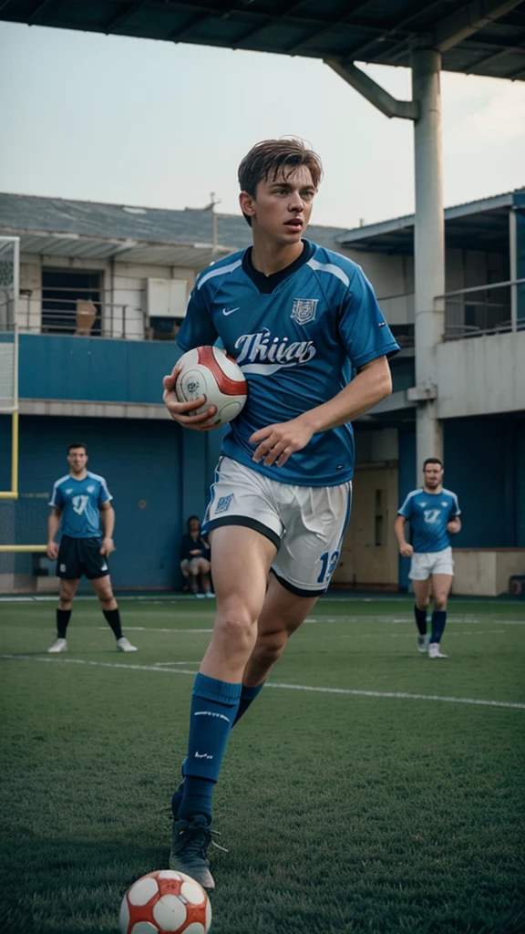 Young Leo playing ball with his friends on a football pitch, 8k realistic imagery, blue scenery like a movie scene, old american setting, inspired by blade runner movie scene, blue tone,
