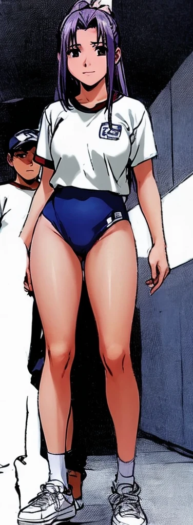 Momoko Koigakubo, a tall girl with beautiful legs, is standing with a smile on her face in a white gym uniform and light navy blue bloomers that look like panties.。Momoko Koigakubo is holding a boy in a jersey。