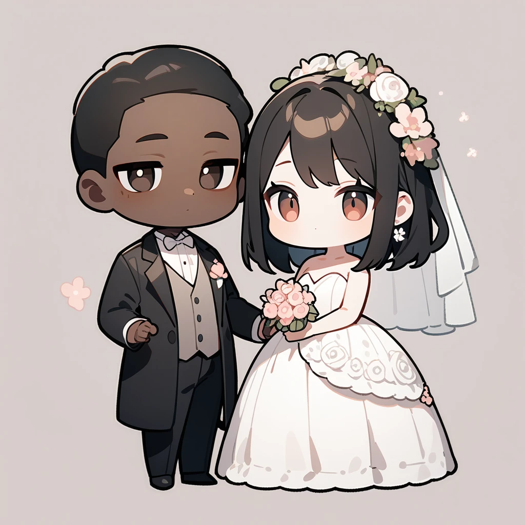 chibi style，Lovely，masterpiece, best quality, 8k, Couple（One man and one woman），man（Brown skin，Indian）Suit，woman（Black Hair，Fair）Wedding dress，Clean background
