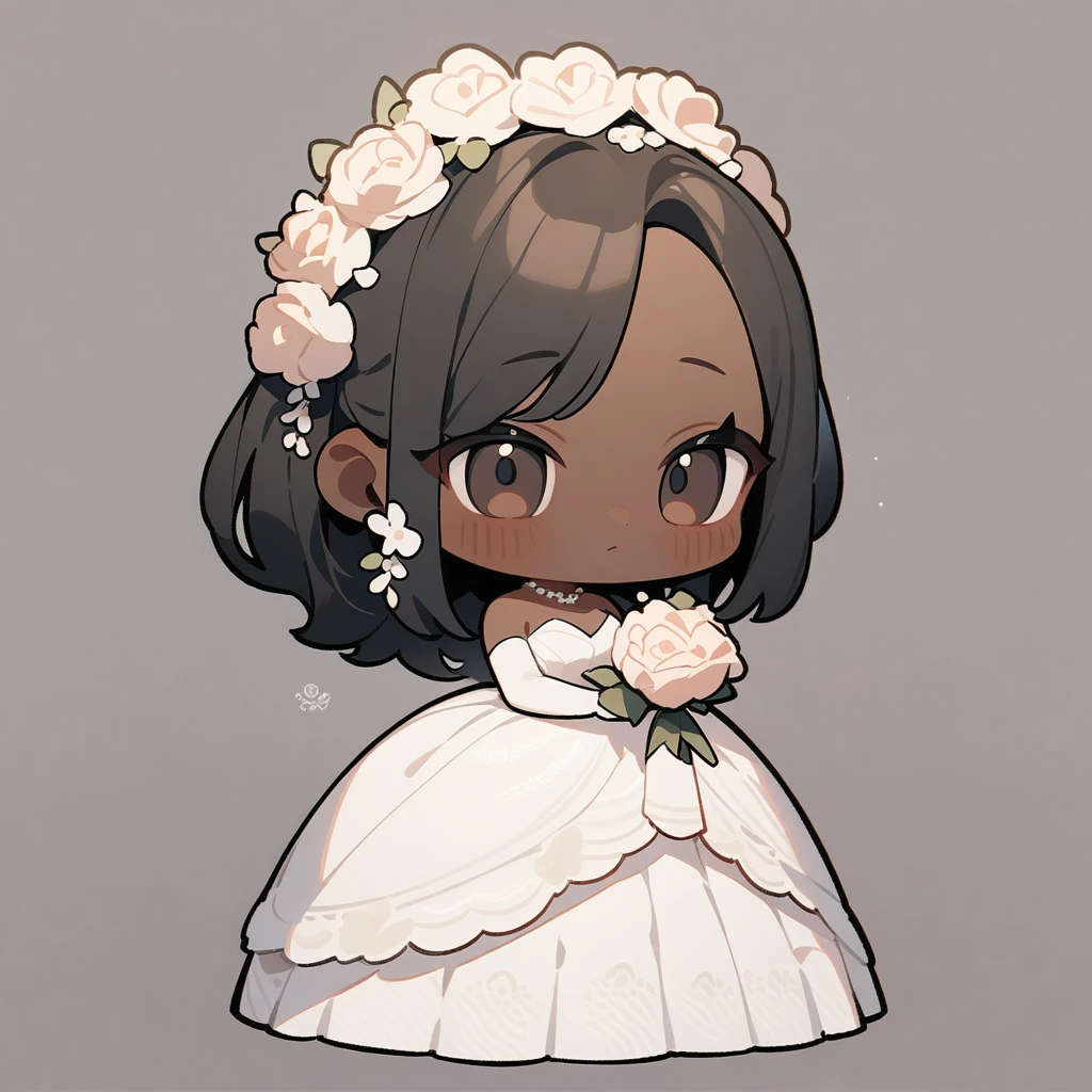 chibi style,Lovely,masterpiece, best quality, 8k, Couple(One man and one woman),man(Brown skin,Indian)Suit,woman(Black Hair,Fair)Wedding dress,Clean background