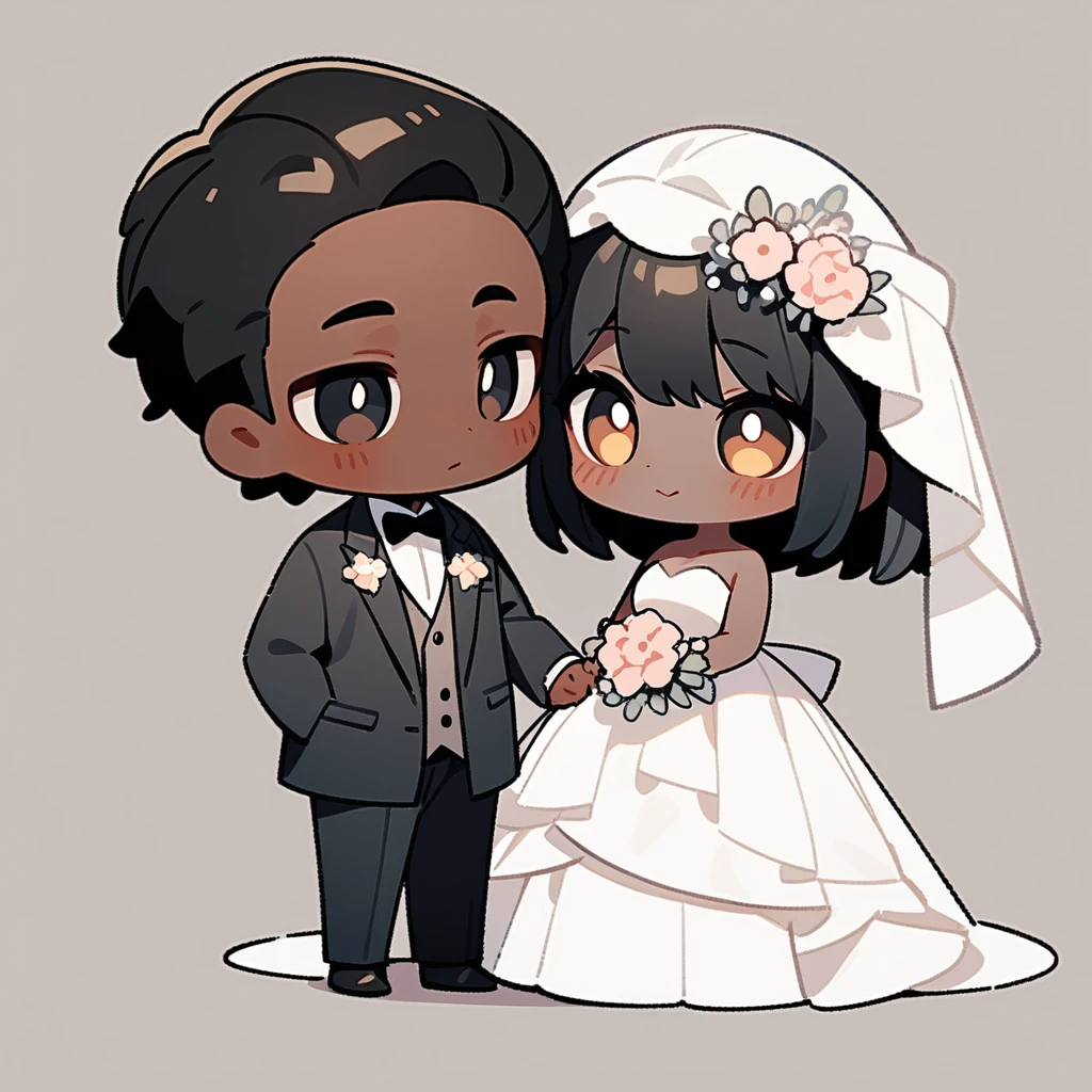 chibi style,Lovely,masterpiece, best quality, 8k, Couple(One man and one woman),man(Brown skin,Indian)Suit,woman(Black Hair,Fair)Wedding dress,Clean background