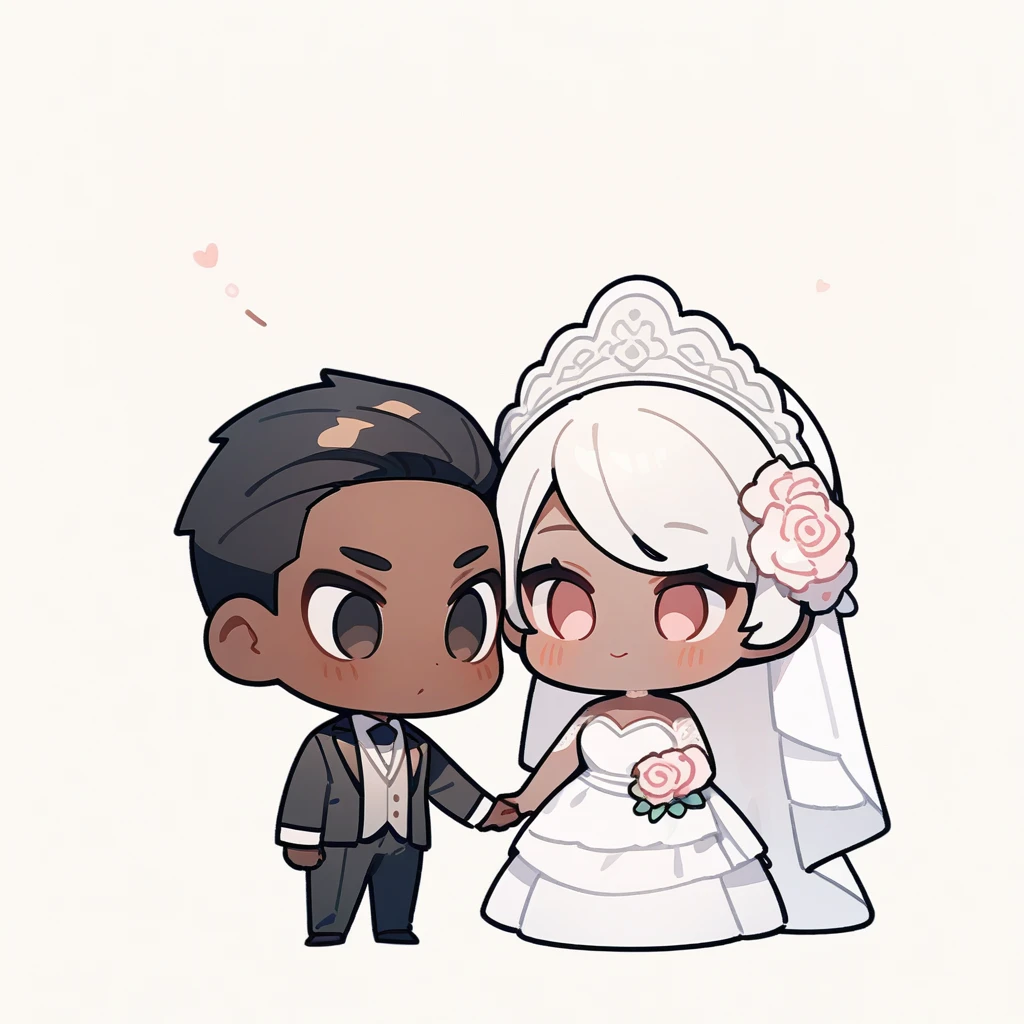 chibi style，Lovely，masterpiece, best quality, 8k, Couple（One man and one woman），man（Brown skin，Indian）Suit，woman（Black Hair，Fair）Wedding dress，Clean background
