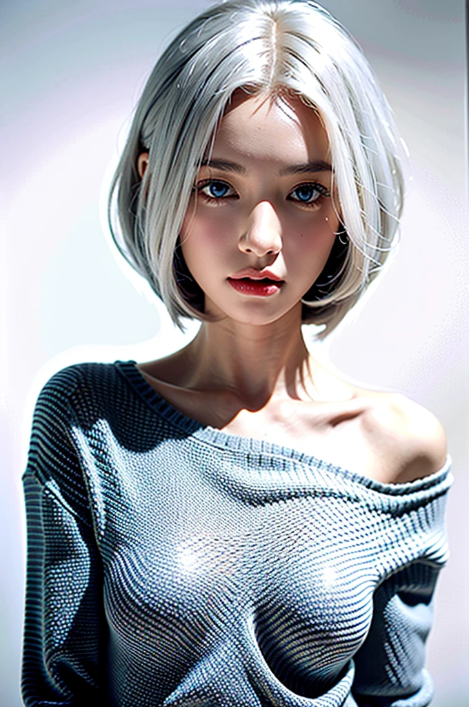 1girl,sweater,white background,High Resolution, white hair, blue eyes ,