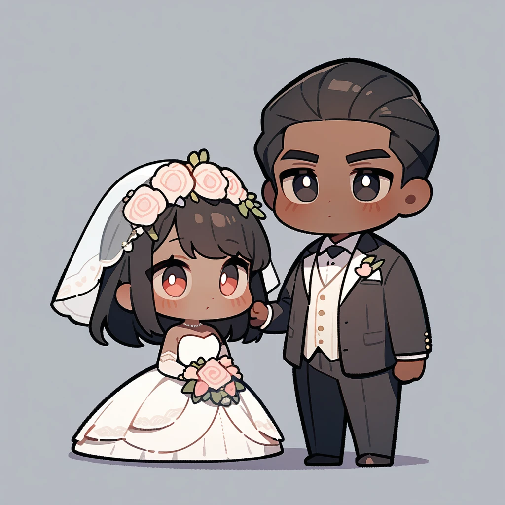 chibi style,Lovely,masterpiece, best quality, 8k, Couple(One man and one woman),man(Brown skin,Indian)Suit,woman(Black Hair,Fair)Wedding dress,Clean background