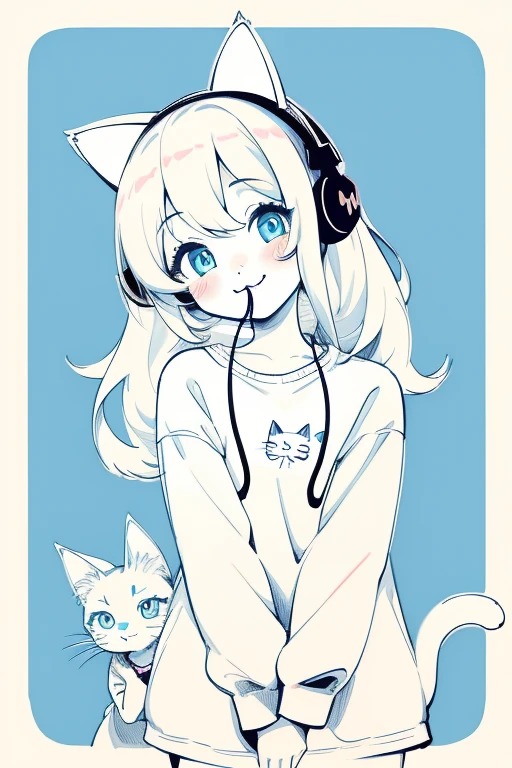 Two-headed character、Cute Girls、One girl、
Big Mouth、Small Nose、Cat eyes covering half of the face、smile、
solo, One girl, , Shy, Illustration, chest, 
Headphones, 