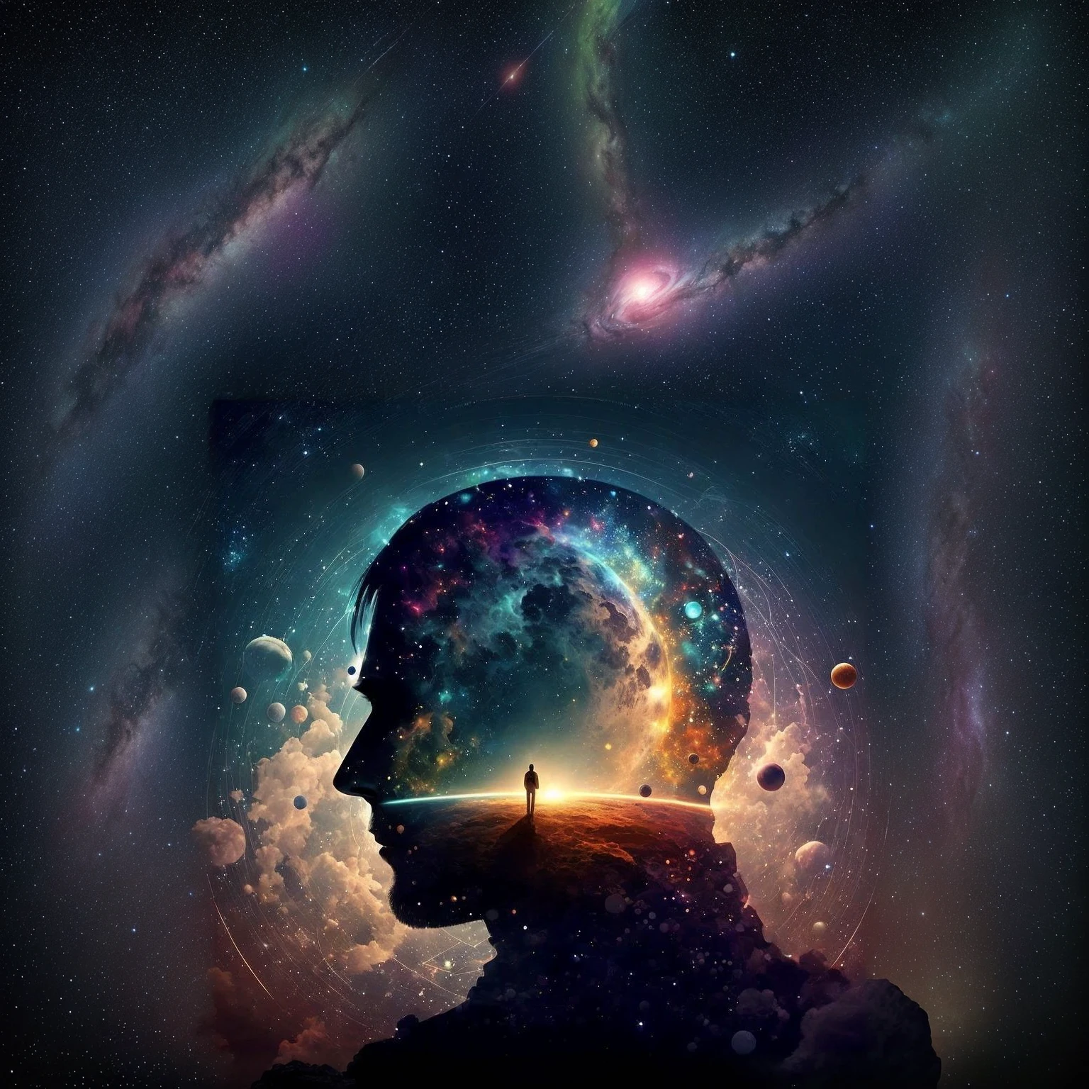 A man standing in front of a space full of planets, his mind contemplating eternity, consciousness projection, face melting into the universe, they reach his mind, the rise of consciousness, heightened consciousness, exploration of the mind, rising consciousness, infinite consciousness, enlightenment cosmic, on the astral plane ) ) ), an interdimensional being, distributed consciousness