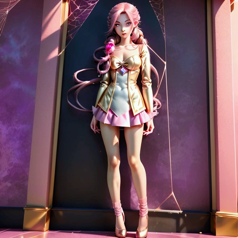 Anime-style girl with (((deep magenta eyes and long, wavy pink hair))) ((styled in an elegant French braid)). (((She is slender, and , with small breasts))). ((Ensure a full-body shot of her)) wearing a (((pink, gold, and rose gold color magical girl-themed outfit.))) ((The outfit features a spider and spider web theme.)) The overall look is regal and ethereal, with magical glowing effects. cutesexy, , a hyperrealistic , hyperrealistic , realistic , seductive (anime girl), smooth anime cg art, beautiful alluring anime , ((magical girl)), (masterpiece), best quality, expressive eyes, perfect face ((Highest quality))、((8K))、(((8k wallpaper))) ((Full Body Shot: 1.5))、ultra detailed, masterpiece, best quality, solo
