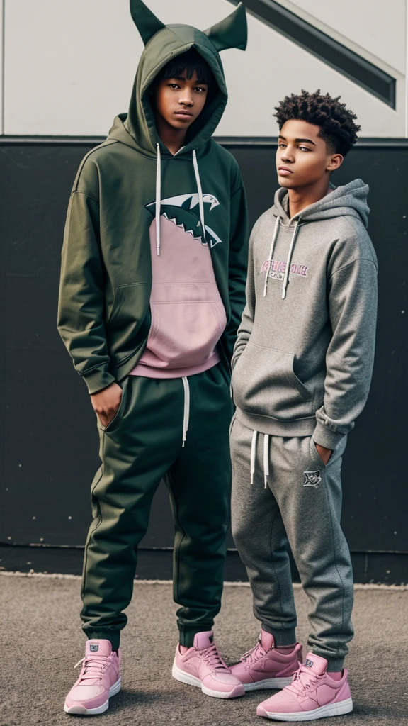 teenage man with gray clothes and hoodie and dark green and mustard pants, together with a teenage boy smaller than him and wearing pink clothes with a large shark-shaped hood and dark green pants together at a school