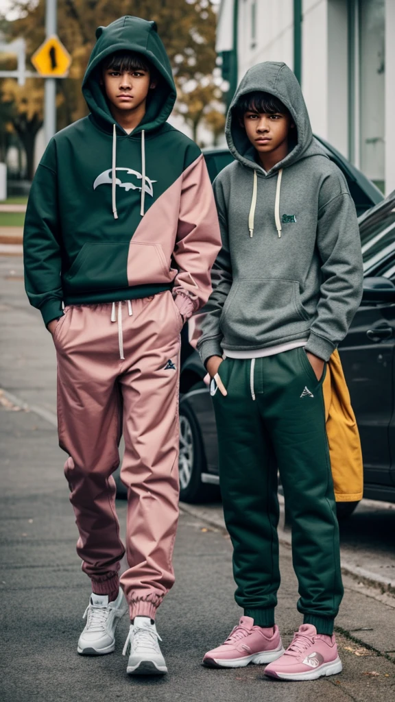 teenage man with gray clothes and hoodie and dark green and mustard pants, together with a teenage boy smaller than him and wearing pink clothes with a large shark-shaped hood and dark green pants together at a school
