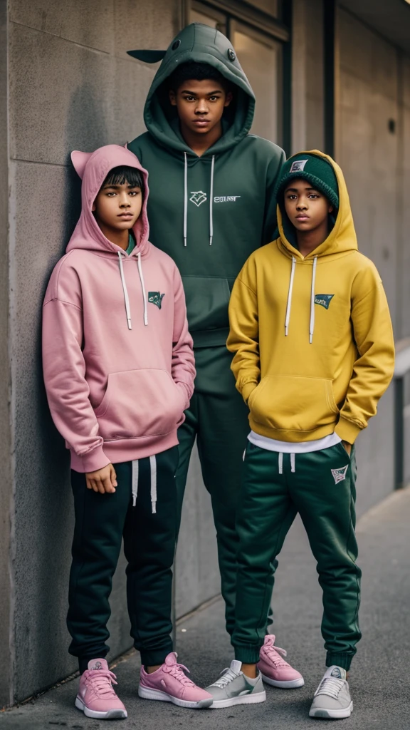age man with gray clothes and hoodie and dark green and mustard pants, together with a teenboy smaller than him and wearing pink clothes with a large shark-shaped hood and dark green pants together at a school