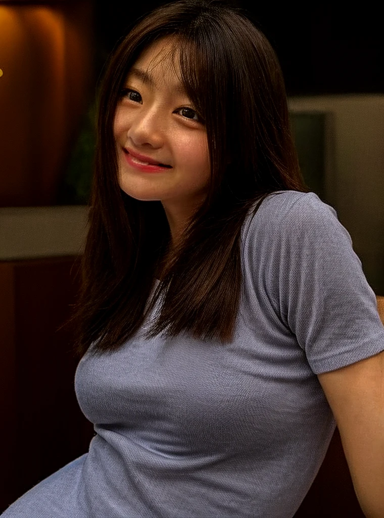 (Highly realistic photos, High resolution, Detailed face, Detailed eyes) Skinny Japanese woman, 18-year-old,Cute Face, Various expressions, Mr.々Hair style, Thin body type, Very small breasts, Very small waist, In the hotel lobby, Tight knit dress