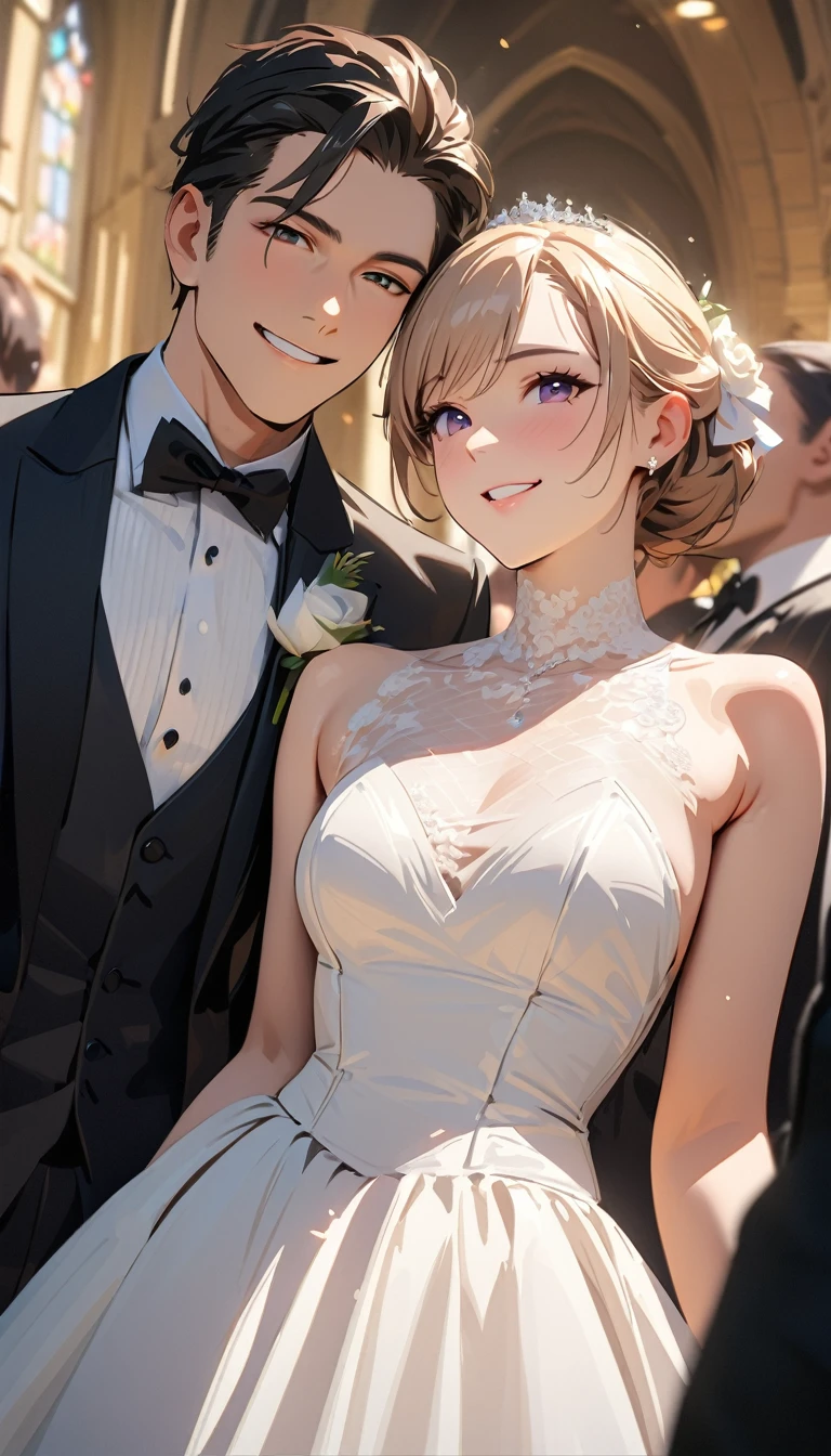 modern, Verism, masterpiece, textured skin, super detail, best quality, 4K , (((head shot))),Male and female couple standing side by side,a woman,Wedding dress, One handsome 25-year-old ,tuxedo,church,wedding,Happy atmosphere, People who bless those around, Blurred background
