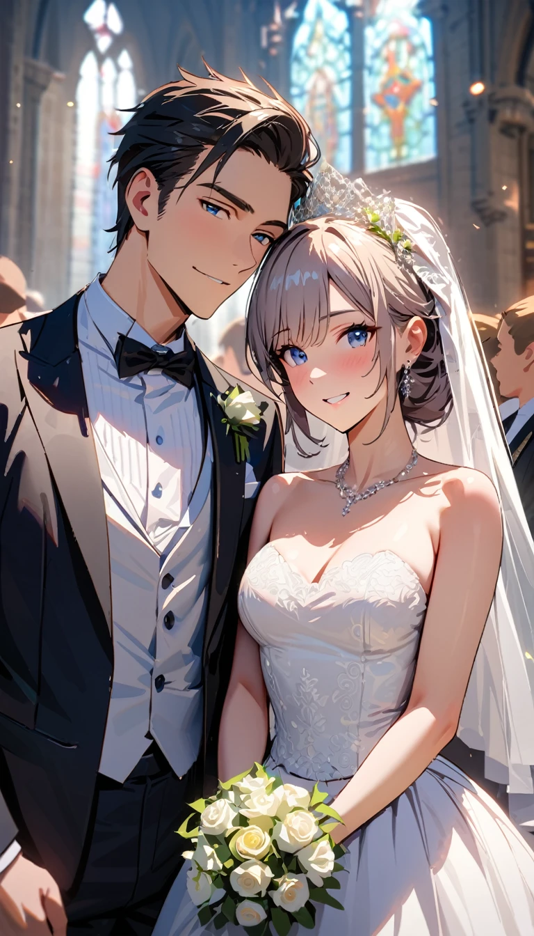 modern, Verism, masterpiece, textured skin, super detail, best quality, 4K , (((head shot))),Male and female couple standing side by side,a woman,Wedding dress, One handsome 25-year-old ,tuxedo,church,wedding,Happy atmosphere, People who bless those around, Blurred background