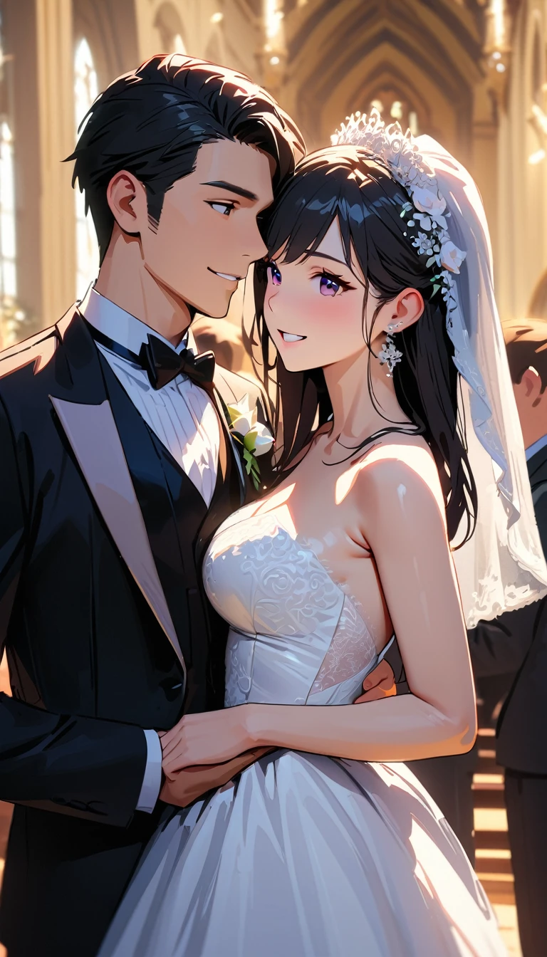 modern, Verism, masterpiece, textured skin, super detail, best quality, 4K , (((head shot))),Male and female couple standing side by side,a woman,Wedding dress, One handsome 25-year-old ,tuxedo,church,wedding,Happy atmosphere, People who bless those around, Blurred background
