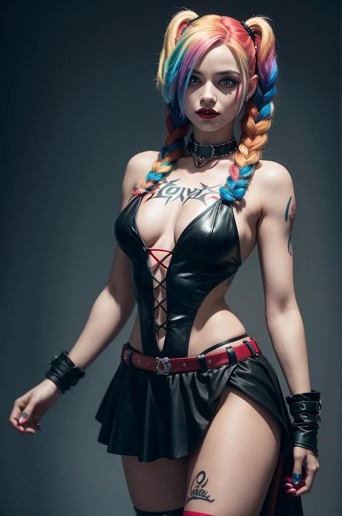 The character Harley Quinn, perfect costume, extremely realistic hair, perfect curves, extremely detailed anatomy 