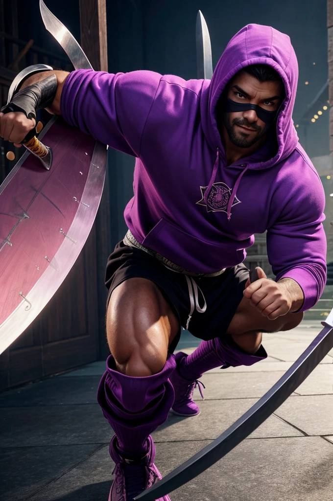 A purple hoodies masked muscular man is ready to attack with two swords in a battle background full of pink