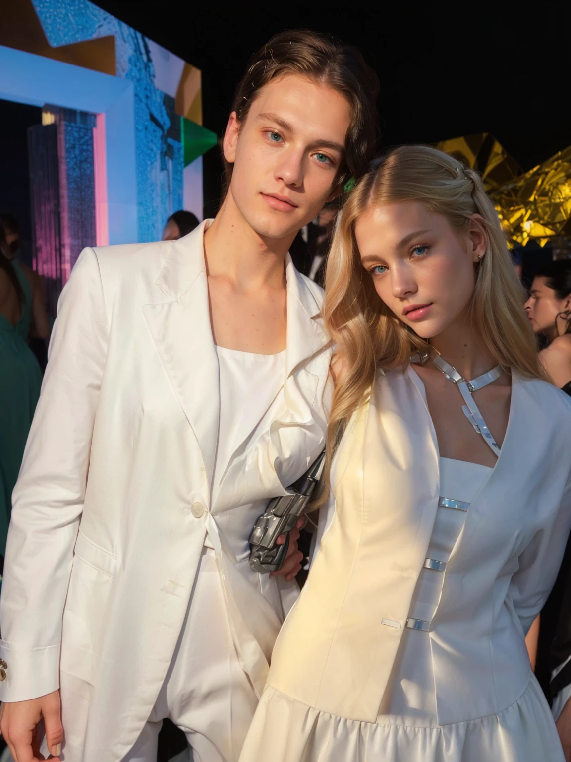 blonde woman with white dress and green eyes and man with white suit black hair and blue eyes in , ariana brand, the bottom es celestial, lv, Tyler, they are close to each other, Leaked image, james jean and petra cortright, soft on _ the bottom, Petra Collins y MC. Escher, by Eva Frankfurther, ((oversaturated)), Liam, in white clothes
