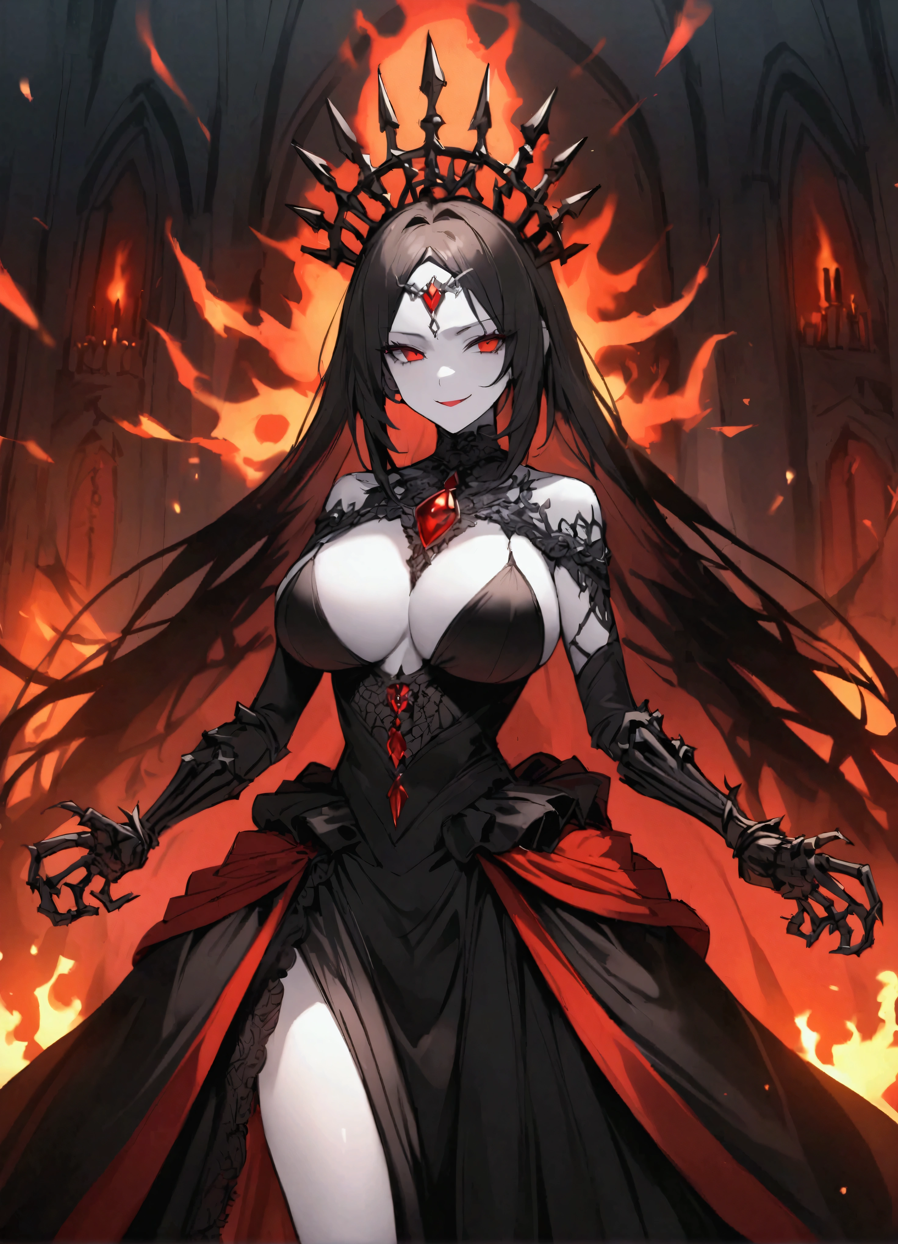 Red eyes、Pale skin、Big Breasts、Black Dress、Wicked Smile、Long and wide gown、Elegant ball gowns、Palace of Hell、Hell's Throne、Burning Background、1 girl、solo、Skeleton Hand、Long black hair、Red gem on forehead、Punish the devil、Evil Laugh、Wearing a flaming crown