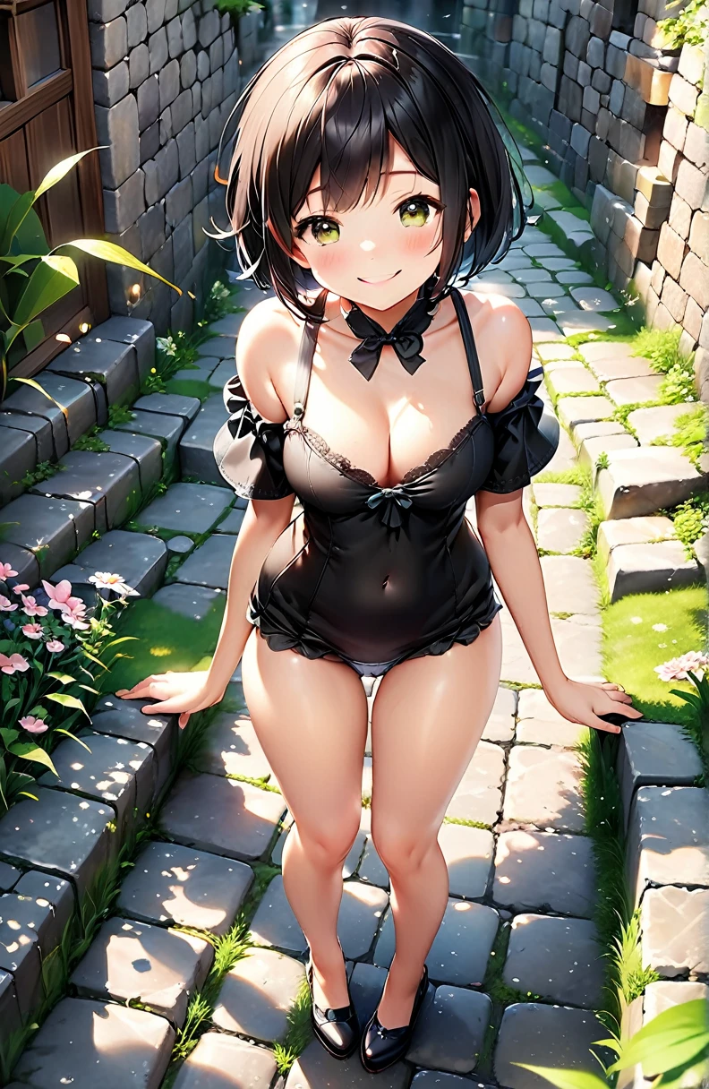 Highest quality, High resolution, masterpiece、Fantasy、Wide Eyes、clitoris、Nipples、 One girl、(Smile and blush:1.3)、From below、(Big Ass:1.4)anus、pubic hair、Black short hair、cute 、Grass grows on both sides of the cobblestones