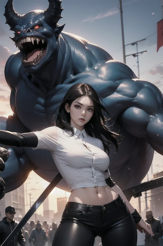beautiful girl fighting with massive monster, she wear white shirt and black pants, perfect body, using sword, fight with scary monster, crowd of monster, surrounded by monster, bloody