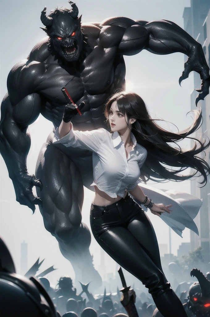 beautiful girl fighting with massive monster, she wear white shirt and black pants, perfect body, using sword, fight with scary monster, crowd of monster, surrounded by monster, bloody