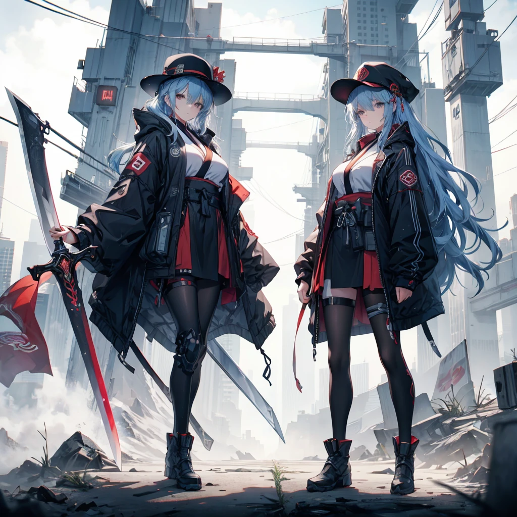 (masterpiece, Highest quality), (Perfect athletic body:1.2), (Detailed Hair), Very detailed, Anime Style, whole body, Cyberpunk Ninja Girl, Large scale, cyborg, Wearing an oiran coat and bamboo hat. Many arms and swords, Wasteland standings, Wear tech boots, 8K high resolution, Trend Art Station, White Background, Standing in the wasteland, whole body,