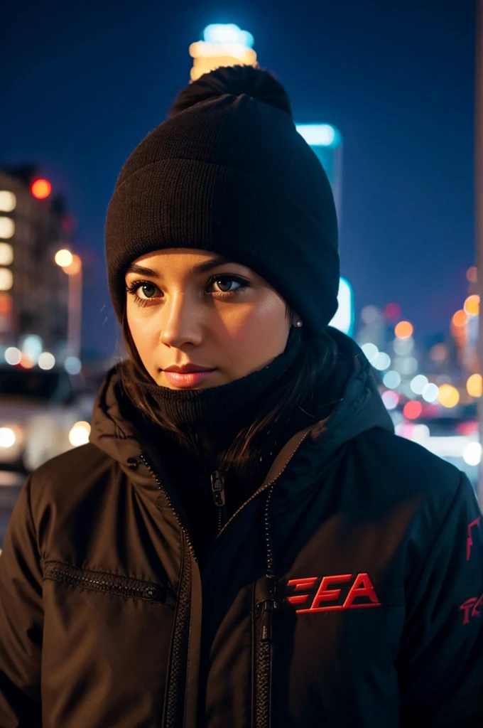 create a woman face with ski mask , at night city background