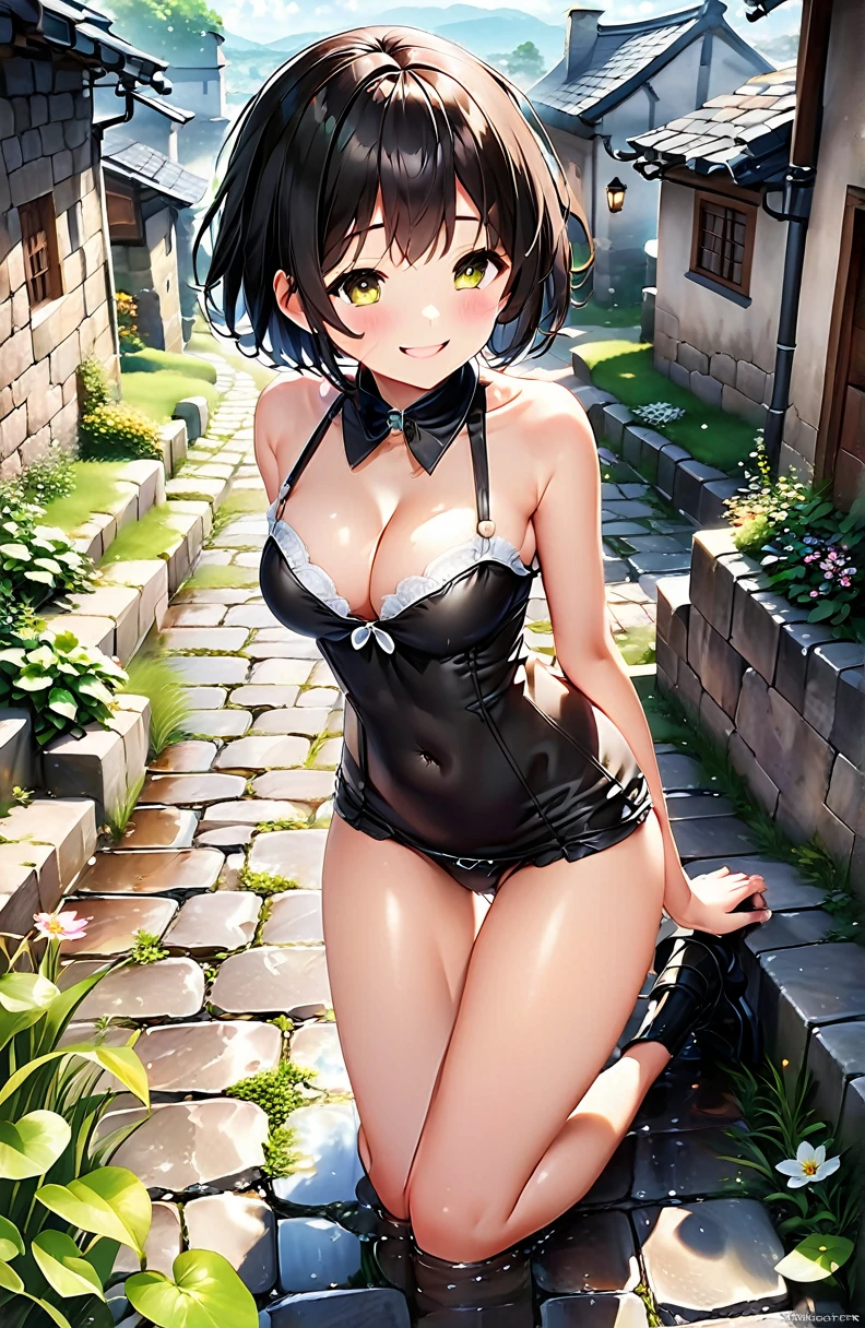 Highest quality, High resolution, masterpiece、masterpiece, Highest quality, Super detailed, Fantasy、Wide Eyes、clitoris、Nipples、 One girl、(Smile and blush:1.3)、From below、(Big Ass:1.4)anus、pubic hair、Black short hair、cute 、Grass grows on both sides of the cobblestones