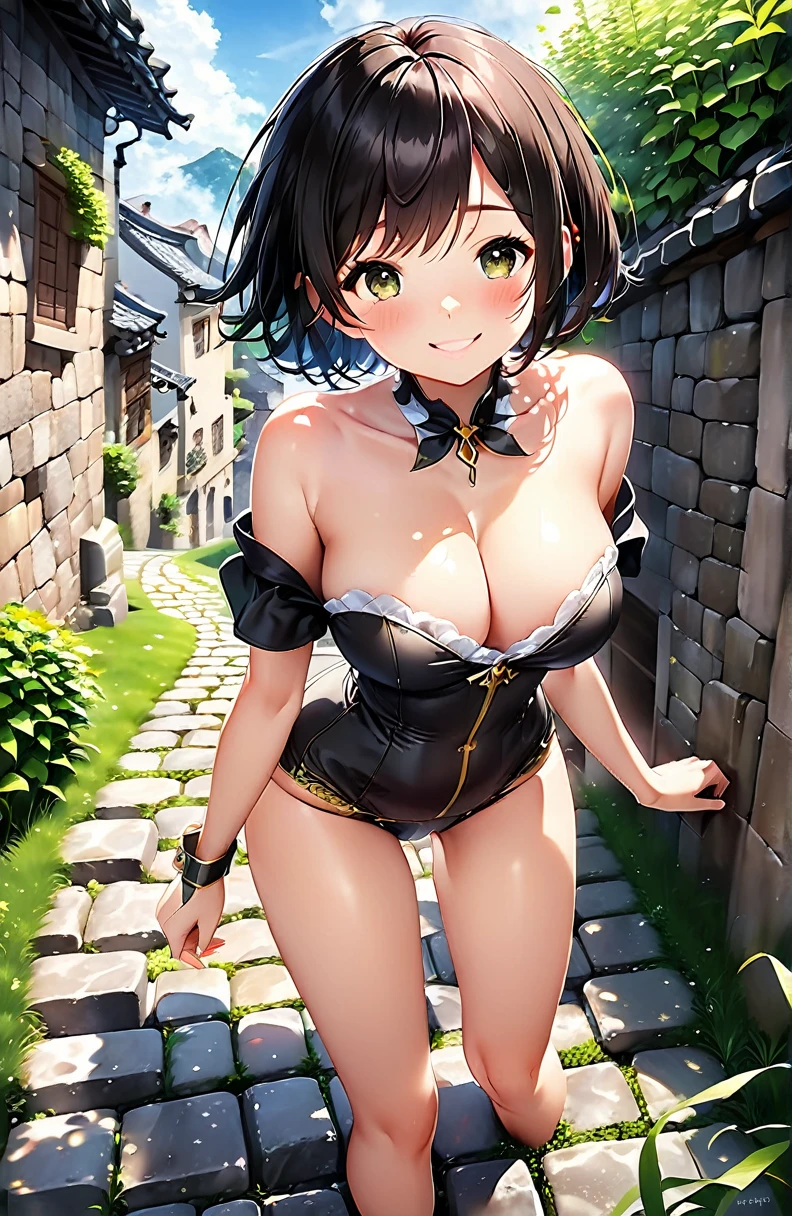 Highest quality, High resolution, masterpiece、masterpiece, Highest quality, Super detailed, Fantasy、Wide Eyes、clitoris、Nipples、 One girl、(Smile and blush:1.3)、From below、(Big Ass:1.4)anus、pubic hair、Black short hair、cute 、Grass grows on both sides of the cobblestones