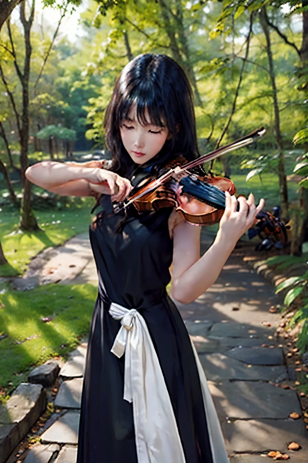 1 Female、20-year-old woman、Playing the violin、Perfect Anatomy,Beautiful light and shadow, ,Beautiful white skin, Black Hair,Mid-chest, slim、Violin Solo Concert, Simple and elegant classical dress、Play the violin with all your might、British Castle Parks、Outdoor、((artwork, Highest quality, High resolution)), ((Highly detailed 8k uniform CG wallpaper)), 