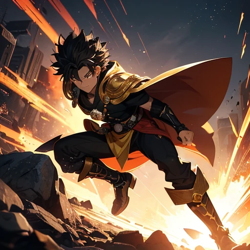 (young boy, age 16, height 1.80 meters) (dark brown skin) (brown eyes) (short, curly black hair) (medium physique of a 16-year-old) (afrodescendant features with a hint of mixed heritage) (imperial attire from the 8th century) (shiny black cape) (black clothes with gray tones and golden details) (black boots with gray and golden accents) (arrogant, eccentric, egocentric, proud personality) (extremely high hormones) (hyper-exaggerated lecherous personality akin to Meliodas, Master Roshi, and Jiraiya) (full body, dynamic pose) (detailed face, expressive eyes) (anime style, 2D illustration)