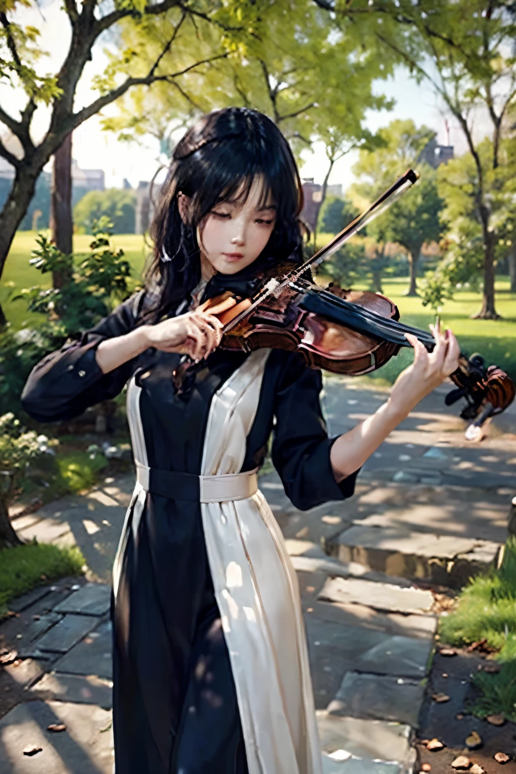 1 Female、20-year-old woman、Playing the violin、Perfect Anatomy,Beautiful light and shadow, ,Beautiful white skin, Black Hair,Mid-chest, slim、Violin Solo Concert, Simple and elegant classical dress、Play the violin with all your might、British Castle Parks、Outdoor、((artwork, Highest quality, High resolution)), ((Highly detailed 8k uniform CG wallpaper)), 